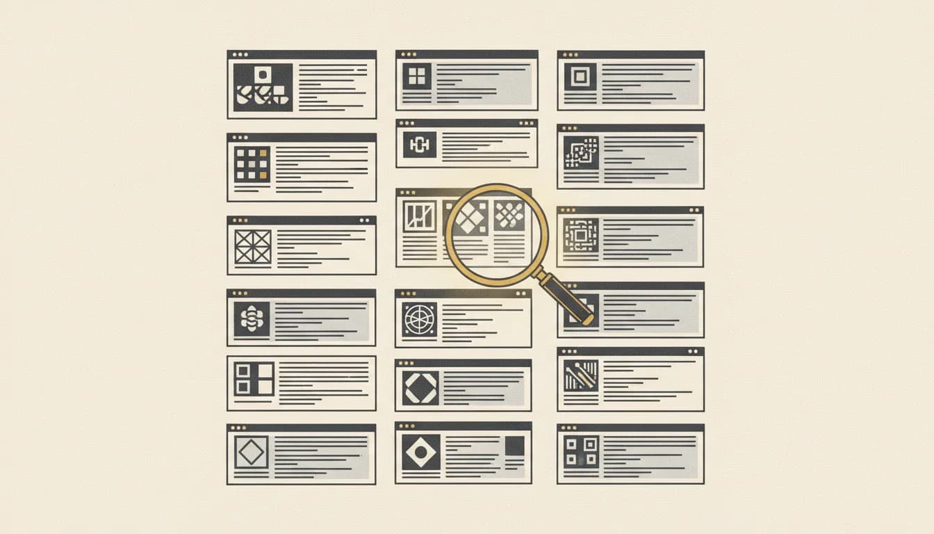 Editorial illustration of a newspaper-style directory grid with software product icons