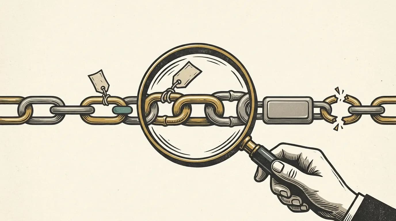 Editorial woodcut-style illustration of a hand holding a magnifying glass over a chain of hyperlinks: some links gold and whole, some tagged, one broken open and one replaced by a plain rectangle