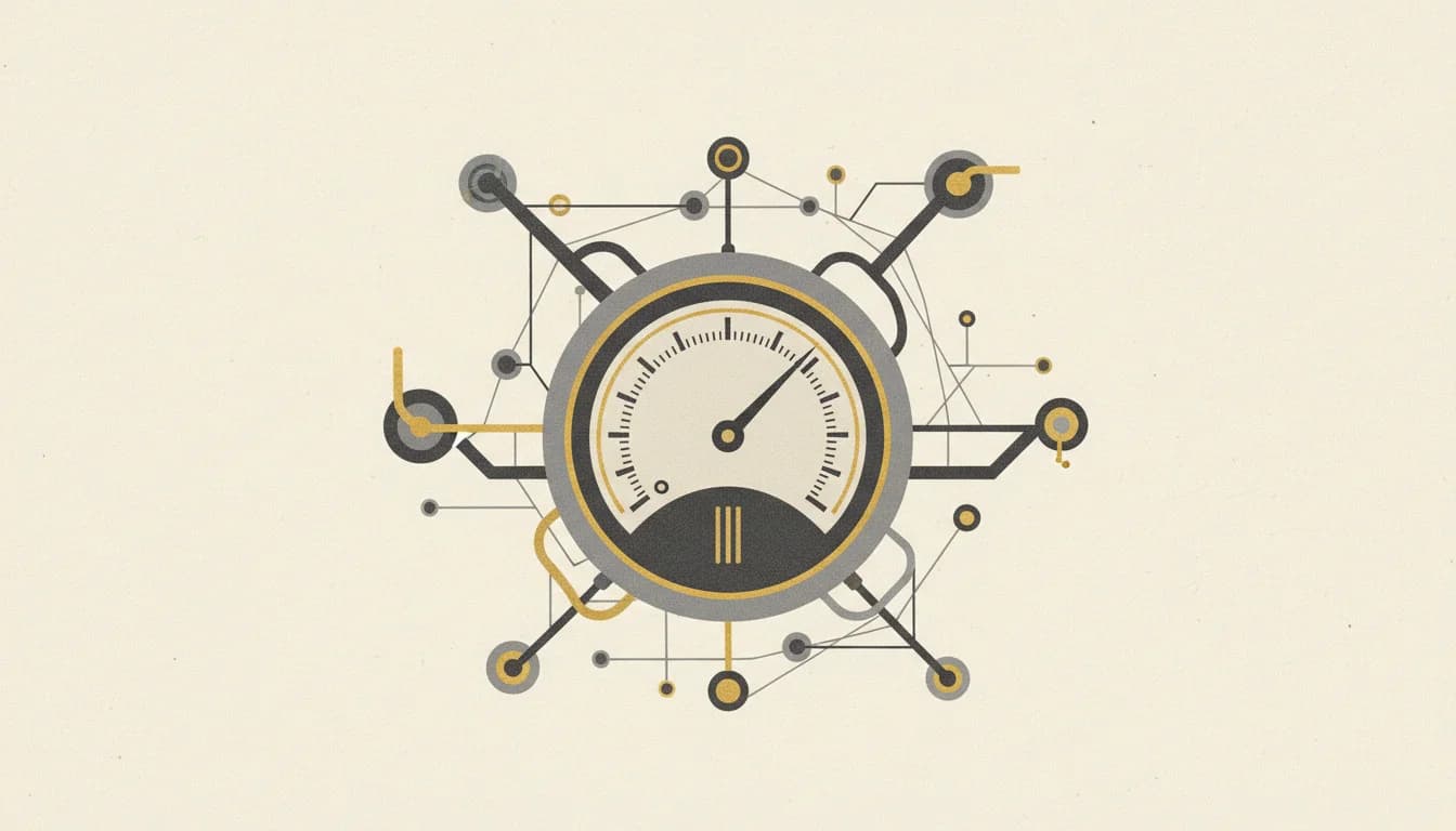 Editorial illustration of an authority meter gauge with interconnected web nodes in warm newspaper tones