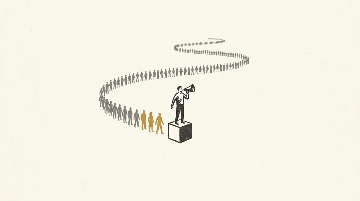 Editorial woodcut-style illustration of a founder standing on a cube with a megaphone while a winding line of one hundred tiny figures approaches, the first few rendered in gold