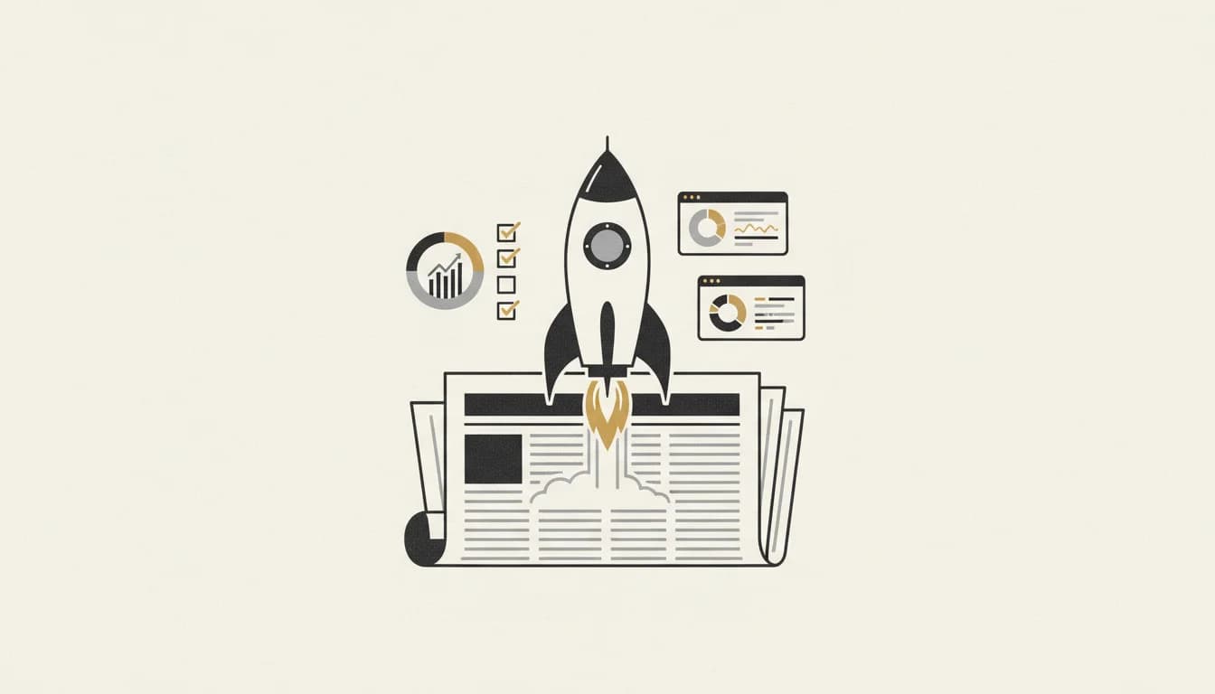 Editorial illustration of a rocket launching from a newspaper page with charts, checklists, and SaaS dashboard elements in warm tones