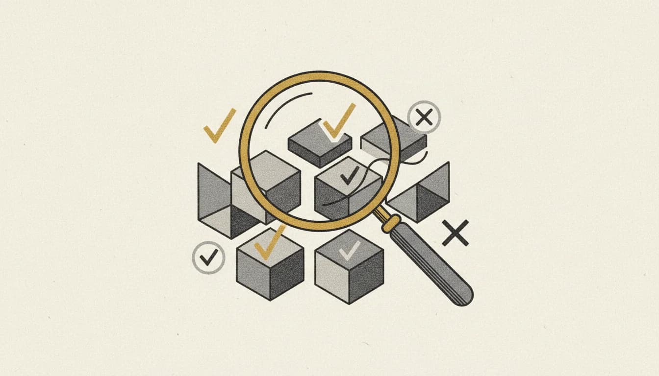 Editorial illustration of a magnifying glass examining SaaS product blocks with validation checkmarks