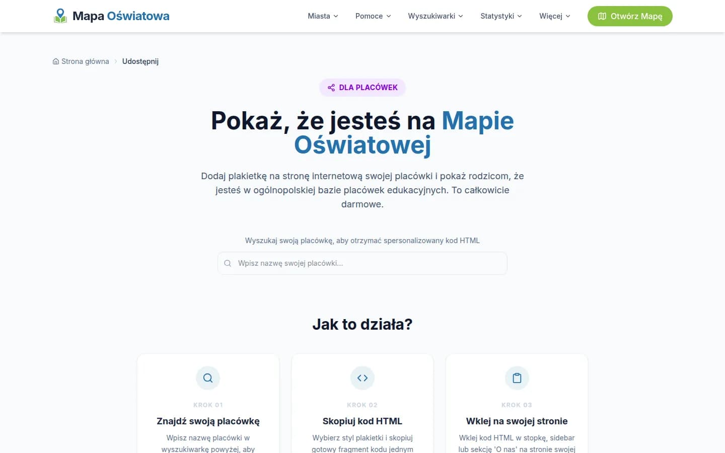 The share page: 'Show that you are on Mapa Oświatowa', a search box to find your institution, and a three-step explanation for adding a badge to your website