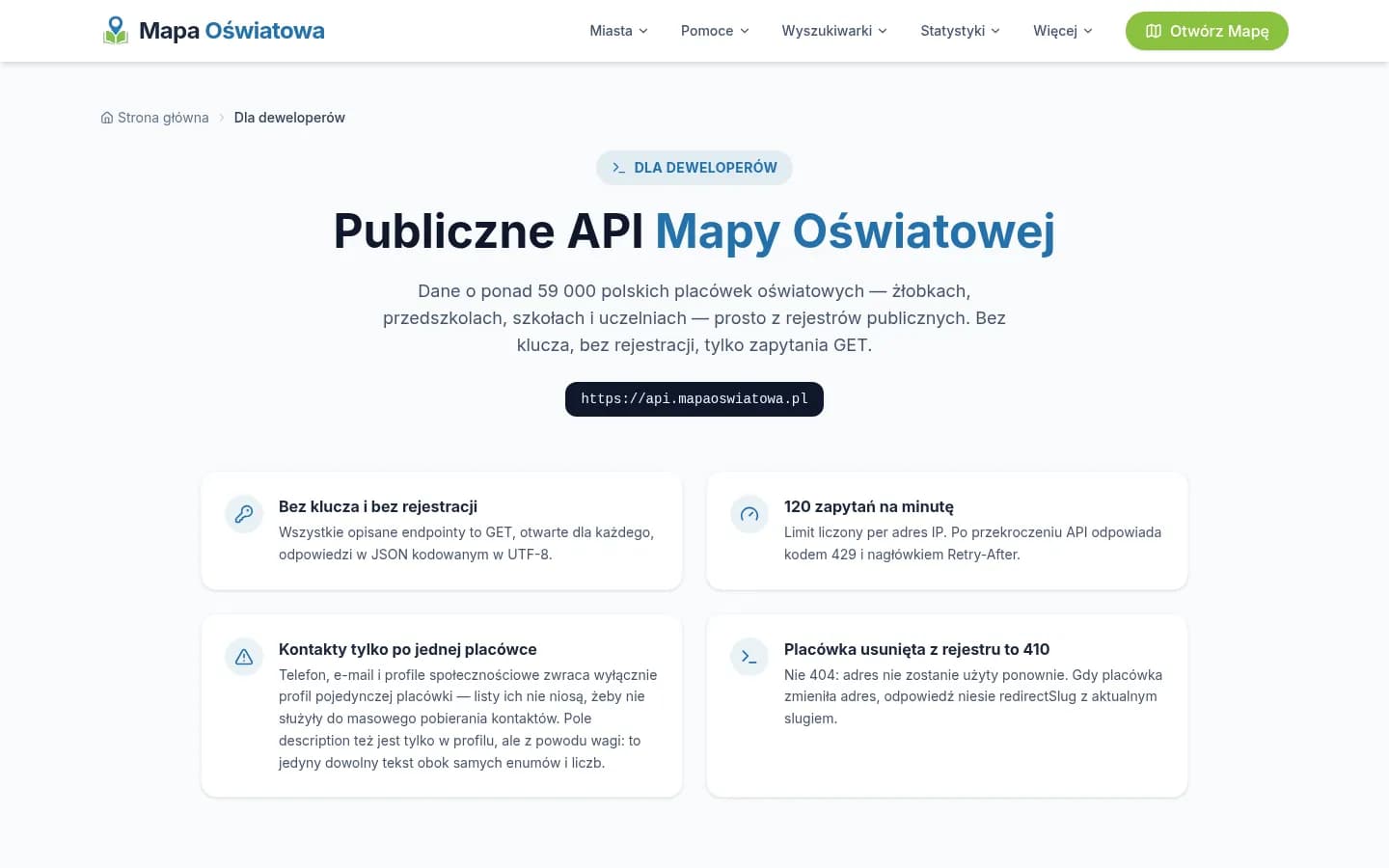 The developer documentation page: public API of Mapa Oświatowa, no key and no registration, 120 requests per minute, contacts only per single institution, removed institutions return 410