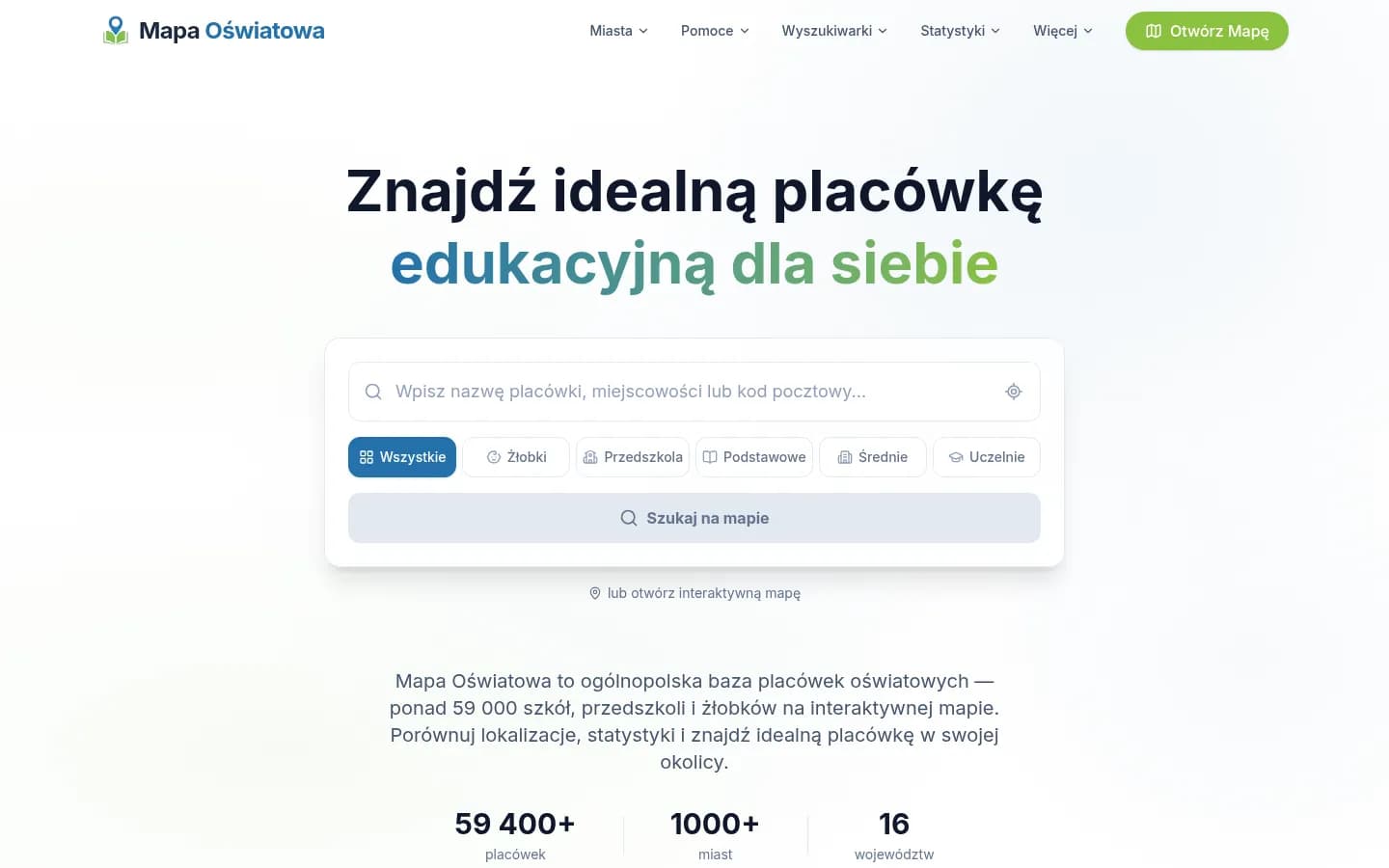 Mapa Oświatowa homepage with a search box, institution-type filters and the headline counters for 59,400 institutions, 1,000 cities and 16 voivodeships