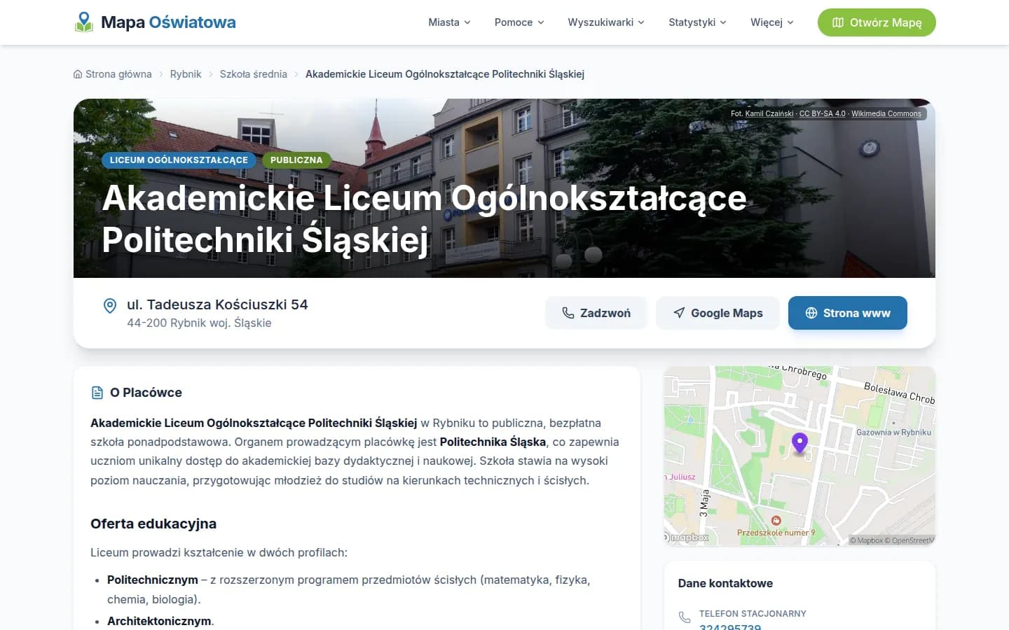 An institution page for a secondary school in Rybnik: photo with Wikimedia Commons attribution, address, call and website buttons, a description section and a small map