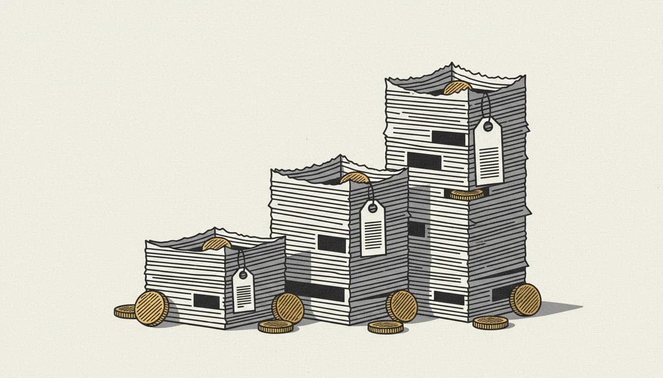 Editorial illustration of pricing tiers represented as newspaper columns with gold accents
