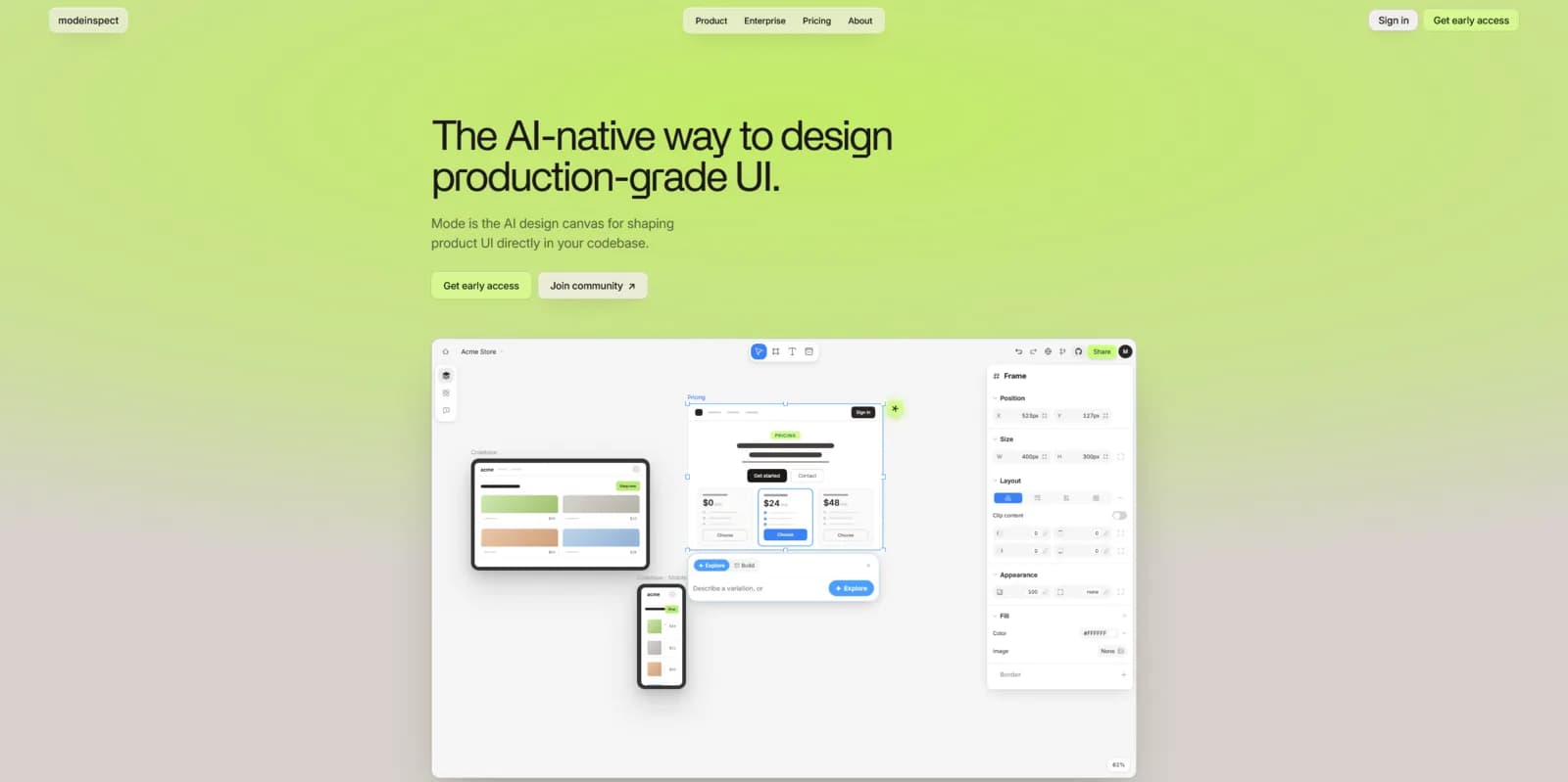 Modeinspect landing page showing the AI design canvas that edits production UI directly in the codebase