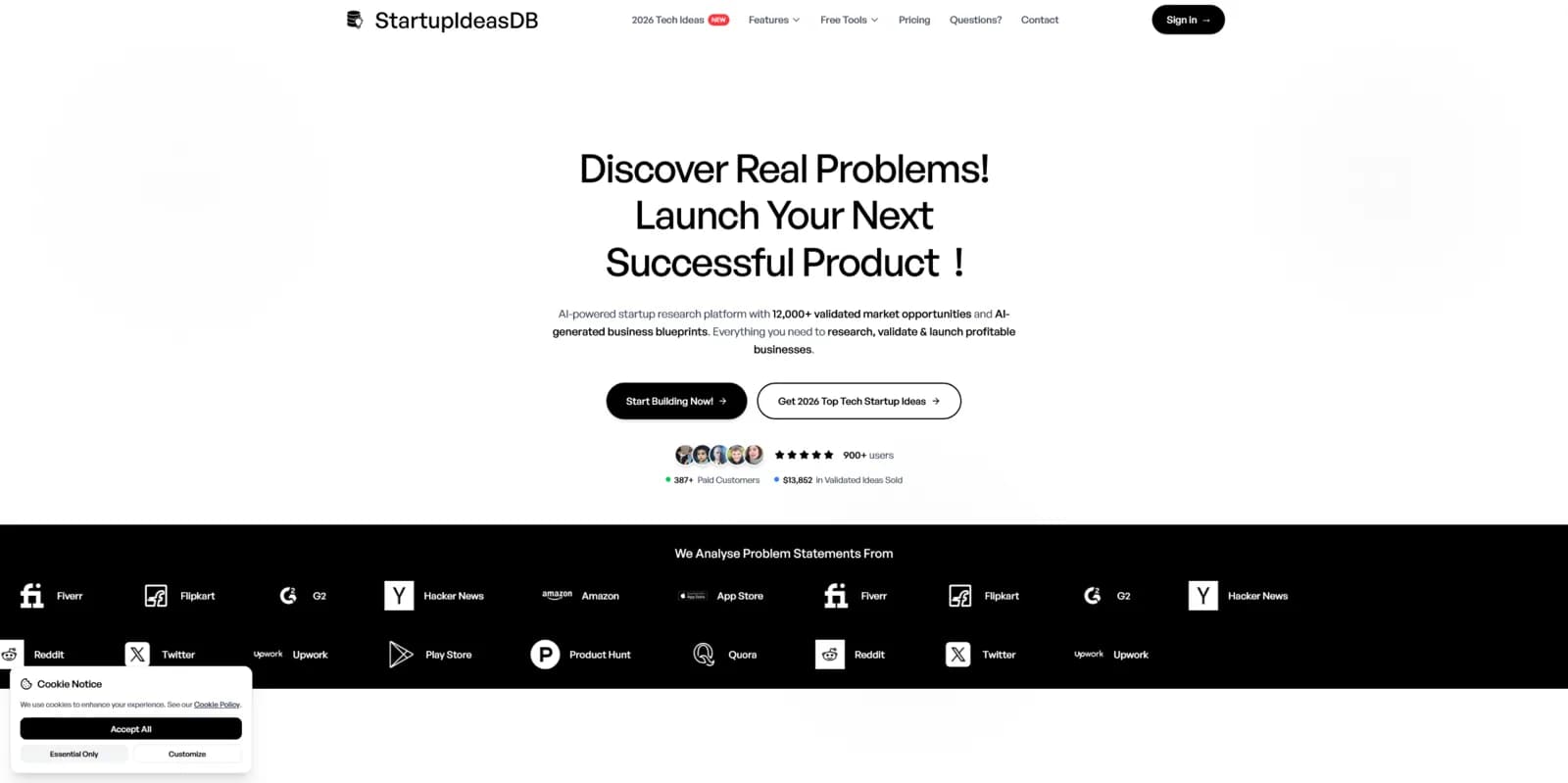 StartupIdeasDB homepage advertising 12,000+ validated startup ideas with AI opportunity analysis