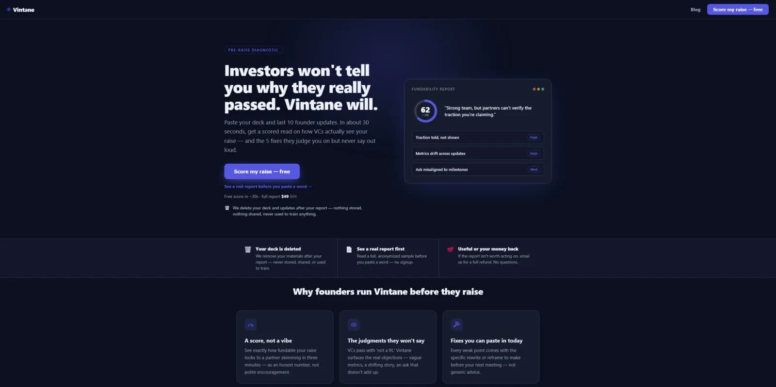 Vintane landing page — score how fundable your raise looks to a skeptical VC