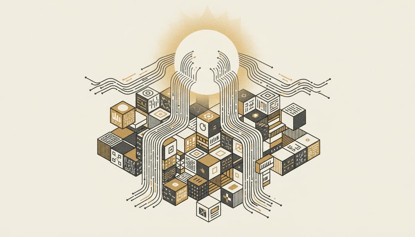 Editorial illustration of AI-generated code flowing into a grid of SaaS product cubes