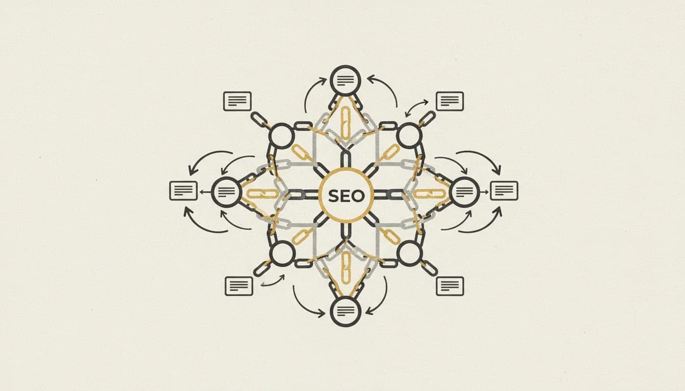Editorial illustration of interconnected web nodes representing backlinks and SEO authority