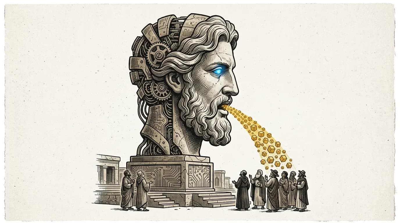 Editorial woodcut-style illustration of a monumental mechanical oracle head speaking a stream of golden cubes toward a small crowd of listening figures