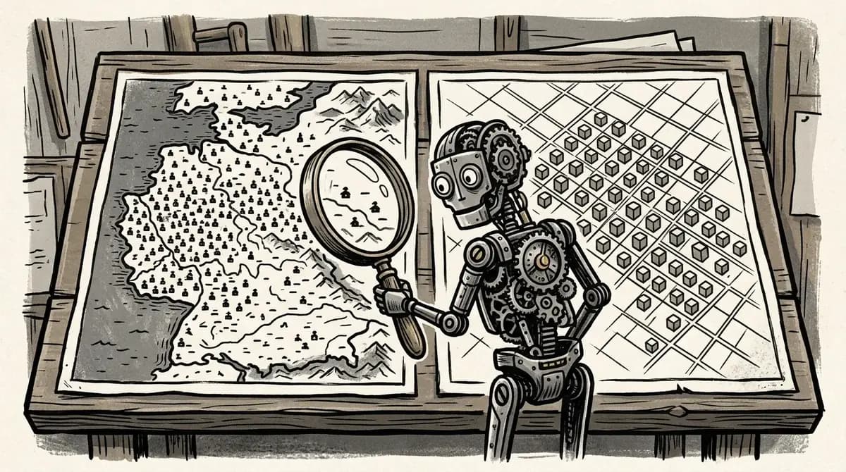 Editorial woodcut illustration of two maps on a drafting table, one dotted with thousands of school markers and one a grid of small cubes, with a mechanical reader holding a magnifying glass over both
