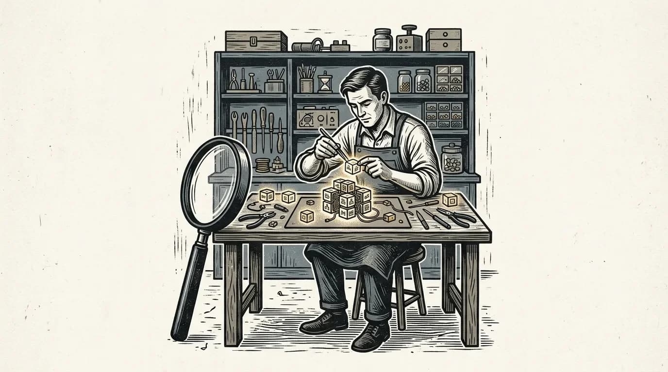 Editorial illustration of a craftsman's workbench assembling small glowing software cubes, each representing a niche micro SaaS product