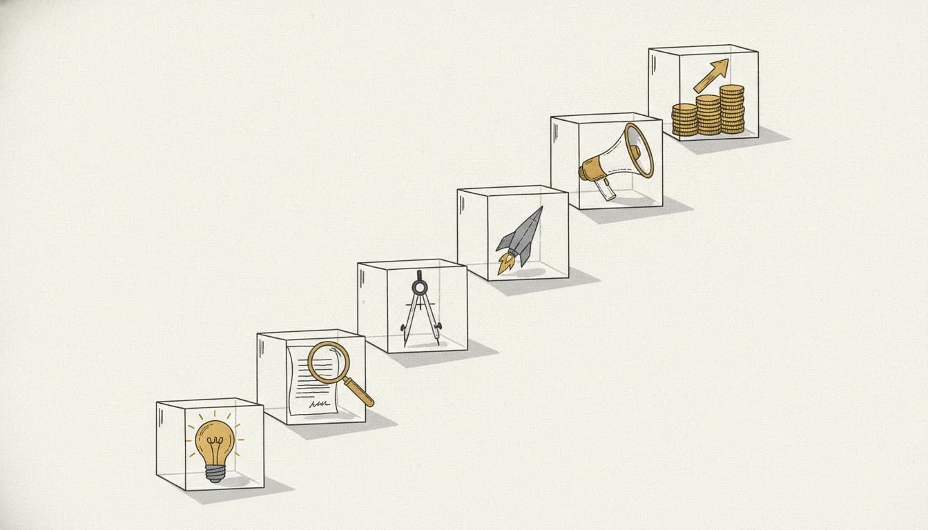 Editorial illustration of six glass cubes on a rising staircase, each holding a symbol of a startup stage — lightbulb, magnifying glass, drafting compass, rocket, megaphone, and coins