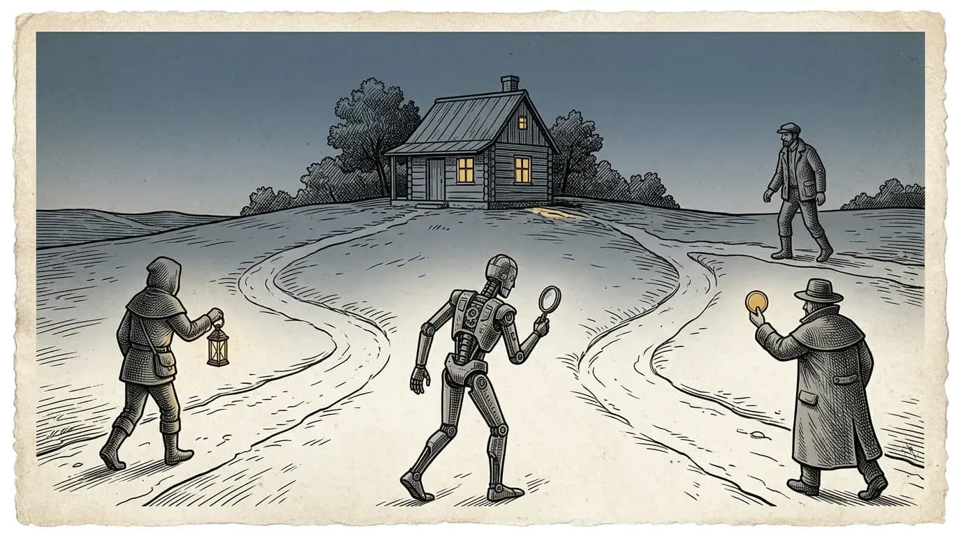 Editorial woodcut-style illustration of a small lit cabin on a hill at dusk with four figures approaching along separate paths — a mirrored twin, a hooded stranger with a lantern, a mechanical reader with a magnifying glass, and a merchant holding up a single gold coin